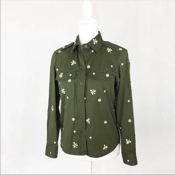 Joie bead embellished military olive green Hayfa shirt button down top XS - Picture 7 of 12